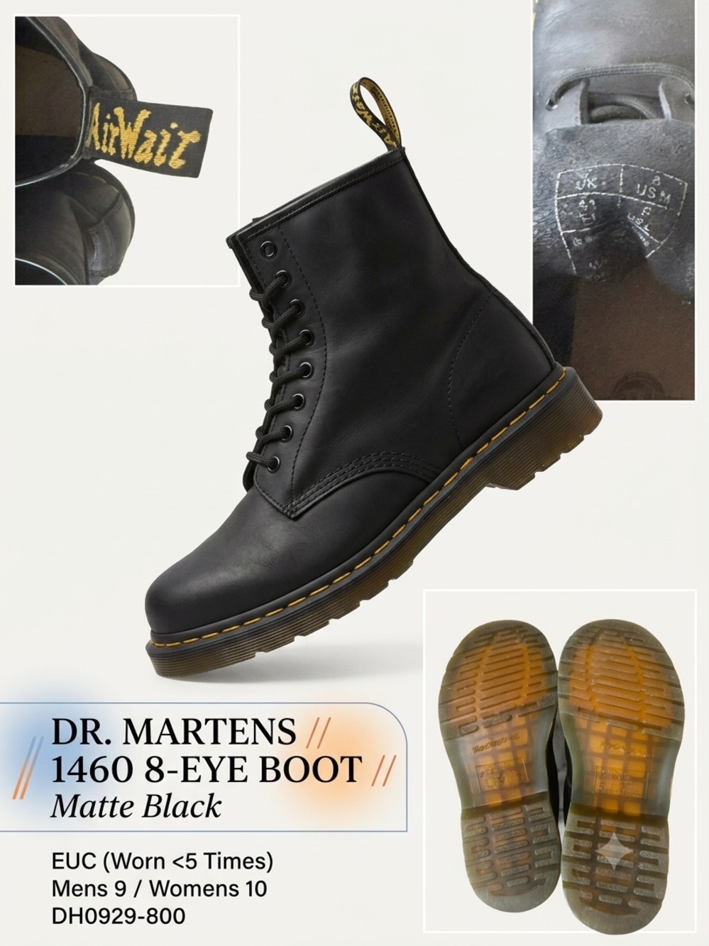 Dr Martens 1460 Black Leather 8 Eye Boots Mens 9 Womens 10 AirWair Combat